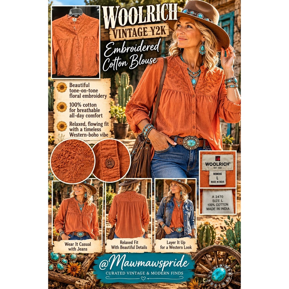 Vintage Y2K Woolrich Embroidered Cotton Blouse L Rust Prairie Western Boho India